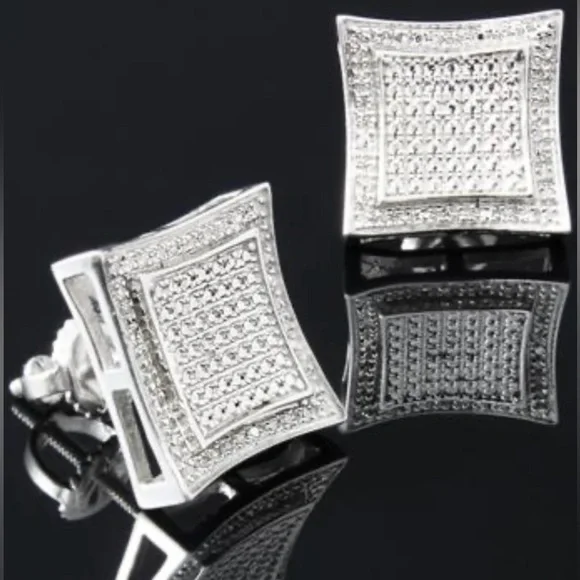 Mens 14K White GoldOver Solid Sterling SilverDiamonds DesignerEarrings